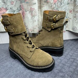See by Chloe Mallory Suede Buckle Cuff Combat Women Boots  Khaki/Military Size 6